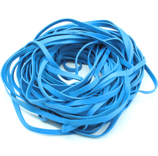 A bulk collection of blue rubber bands, coiled and overlapping.