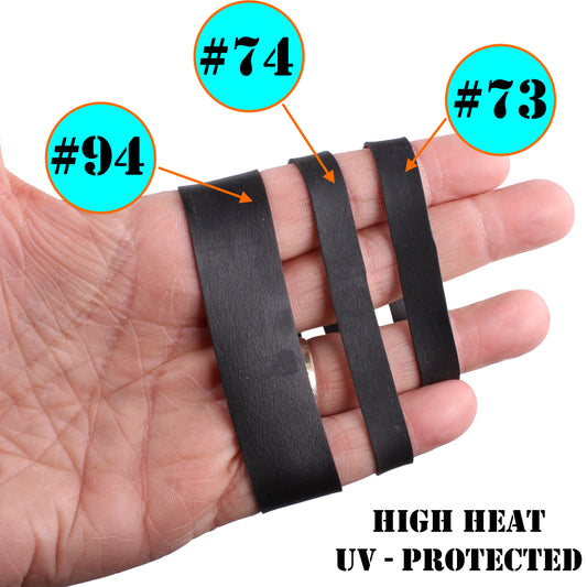 Comparison of #73, #74 and #94 rubber bands showing the size on a hand