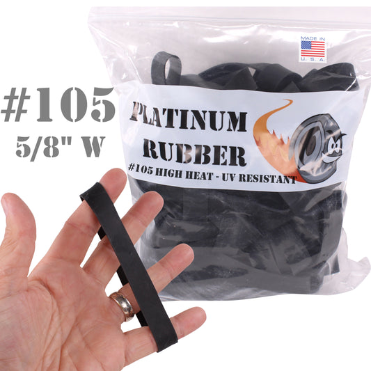 A clear plastic bag containing black rubber bands, labeled #105 Platinum Rubber High Heat Resistant UV, with a size of 5" x 5/8" Wide.