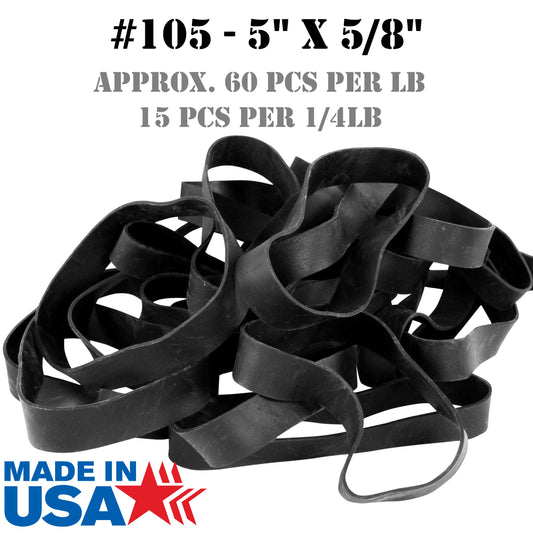 #105 black rubber bands in pile with made in usa logo