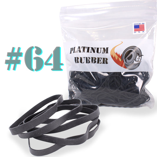 A clear plastic bag containing black rubber bands, with a white label showing the brand name 'Platinum Rubber', the product size '#64', and the color 'Black'. An American flag graphic indicates that the product is made in the USA.